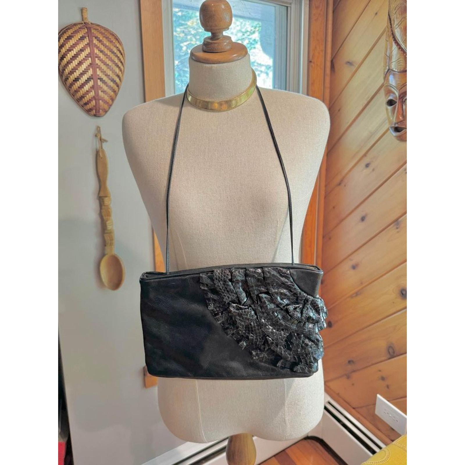 1980’s Vintage Snakeskin Black Leather Ruffled Purse/Clutch
